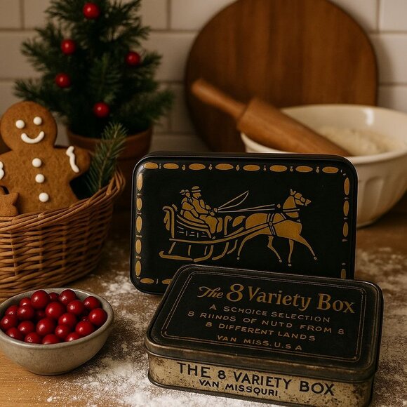 Vintage Nut House Tin Box 1940s – Sleigh Scene | “8 Variety Box” Van Missouri | - Picture 2 of 5